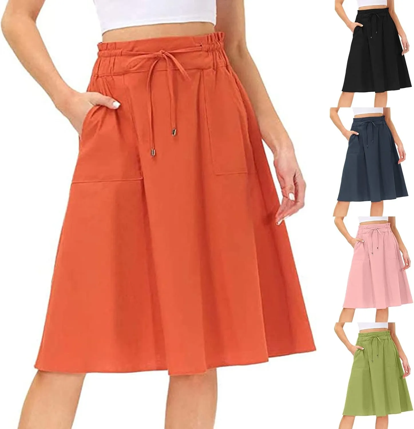 Knee Length Skirts for Women Summer Casual Flowy Drawstring Elastic Waist Pleated A-Line Midi Skirt with Pockets