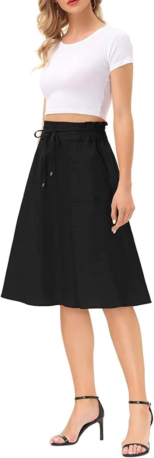 Knee Length Skirts for Women Summer Casual Flowy Drawstring Elastic Waist Pleated A-Line Midi Skirt with Pockets
