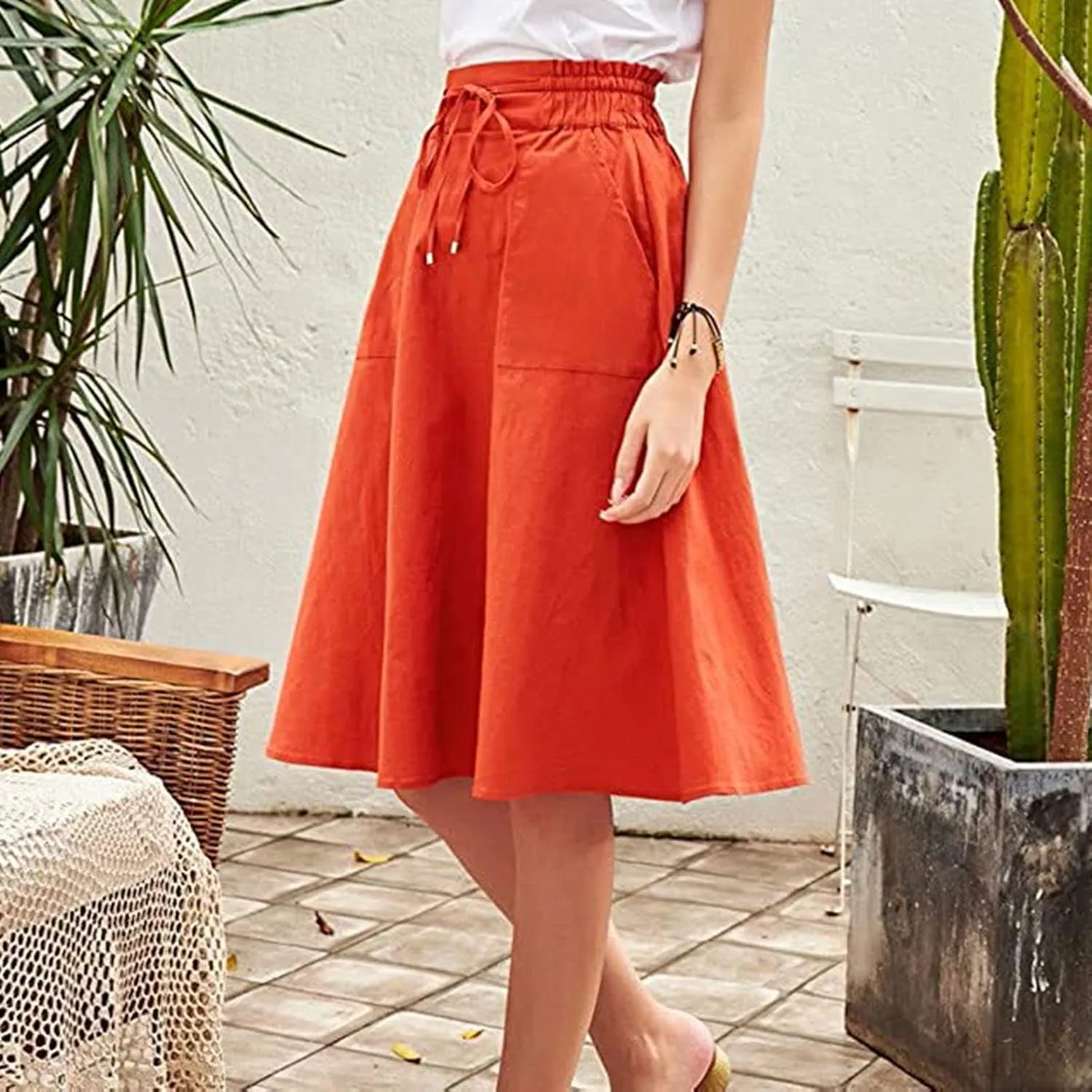 Knee Length Skirts for Women Summer Casual Flowy Drawstring Elastic Waist Pleated A-Line Midi Skirt with Pockets