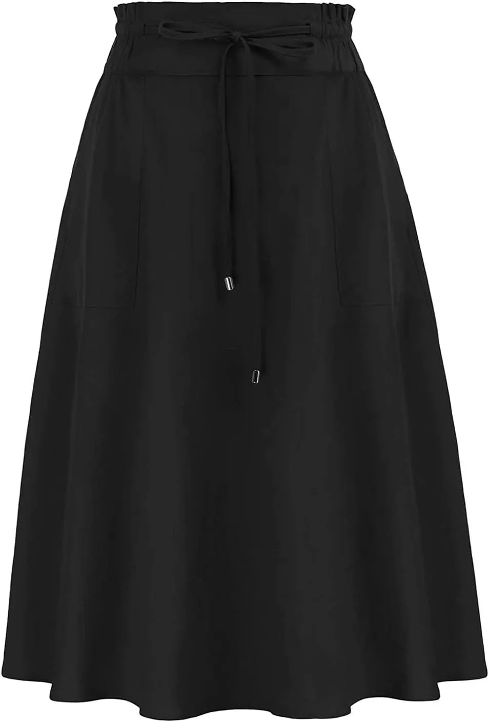 Knee Length Skirts for Women Summer Casual Flowy Drawstring Elastic Waist Pleated A-Line Midi Skirt with Pockets