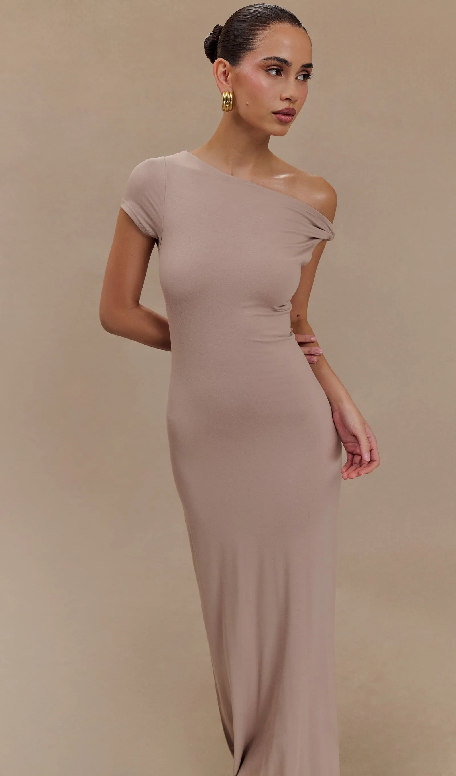 Knotted shoulder Modal Maxi Dress-Apricot