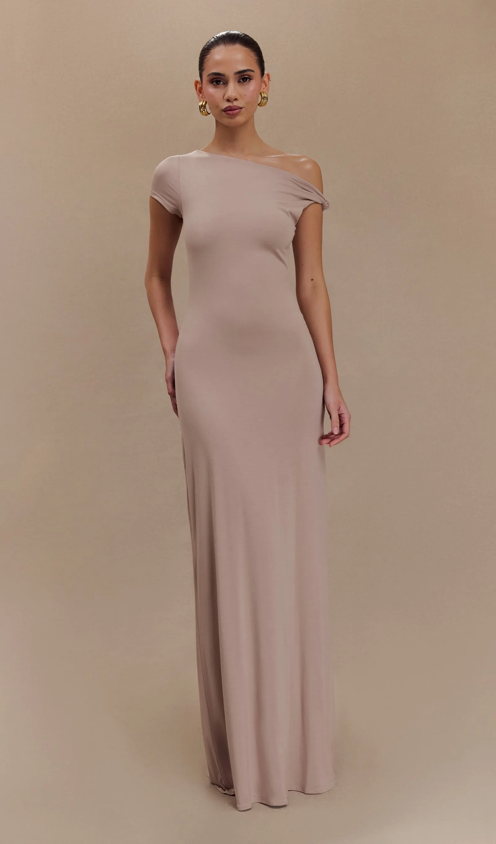 Knotted shoulder Modal Maxi Dress-Apricot
