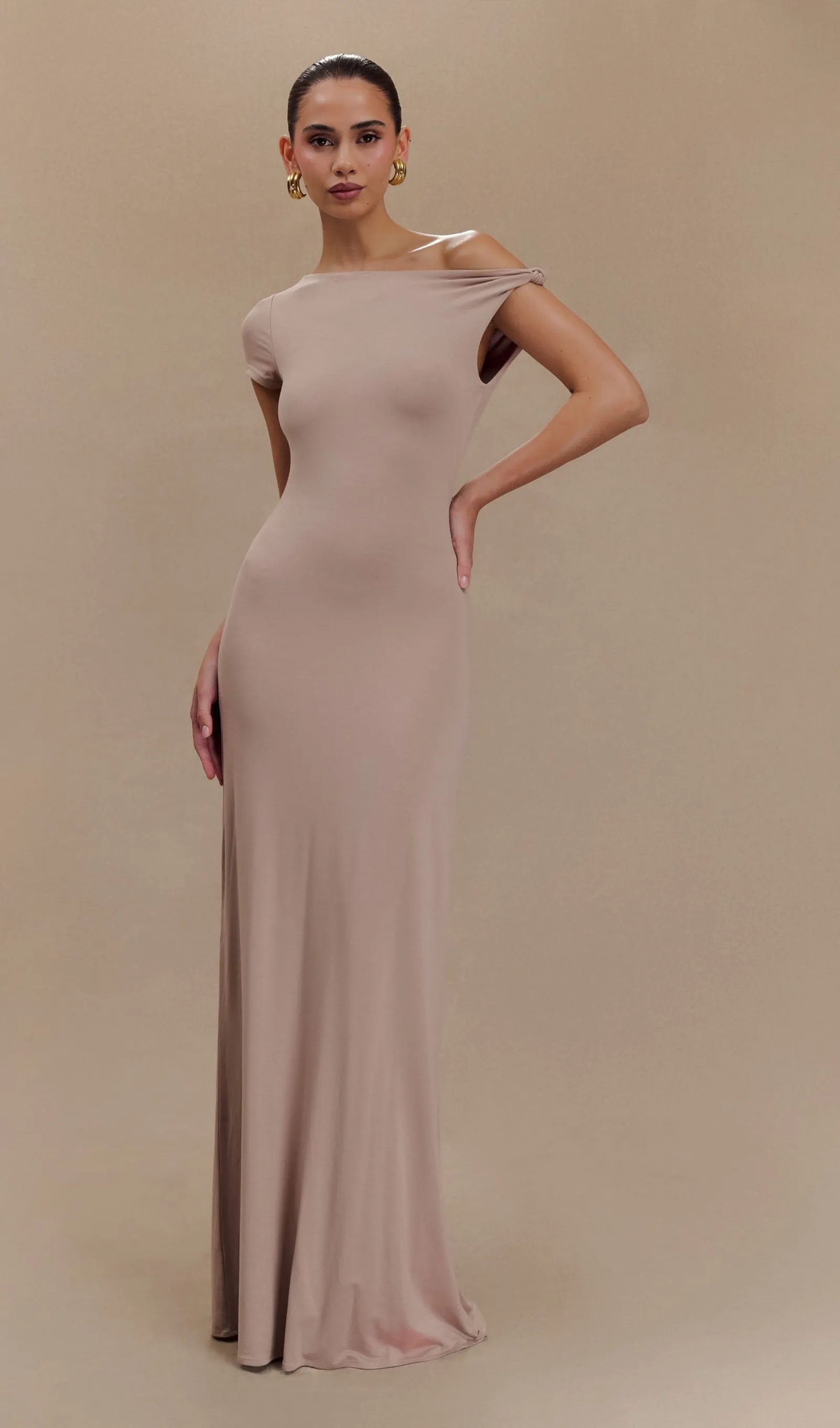 Knotted shoulder Modal Maxi Dress-Apricot