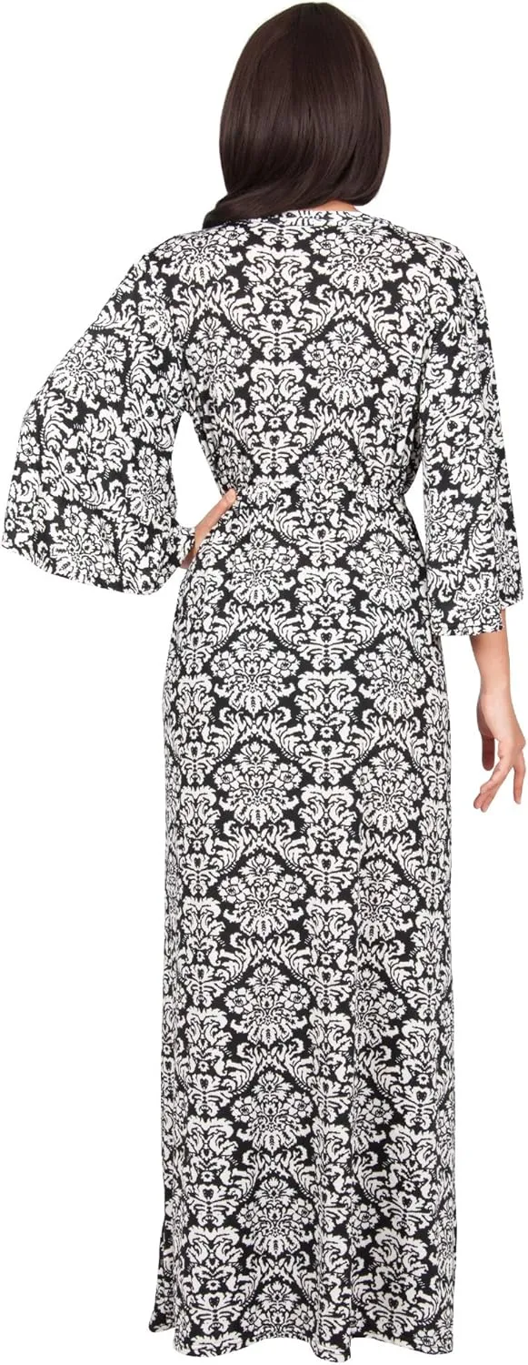 KOH KOH Womens Long 3/4 Sleeve V Neck Bohemian Print Flowy Maxi Dress Gown