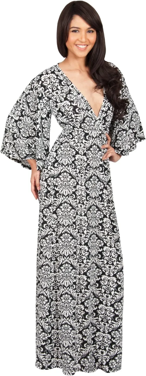 KOH KOH Womens Long 3/4 Sleeve V Neck Bohemian Print Flowy Maxi Dress Gown
