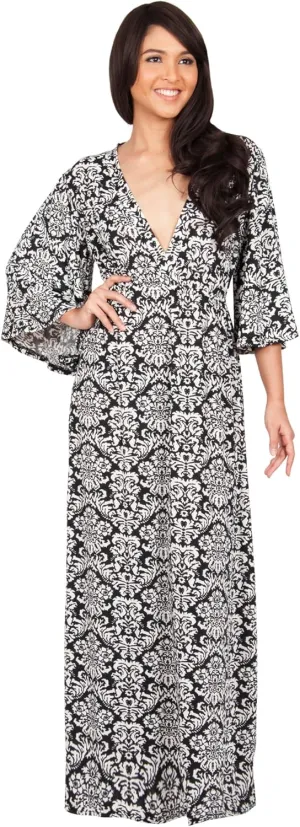 KOH KOH Womens Long 3/4 Sleeve V Neck Bohemian Print Flowy Maxi Dress Gown