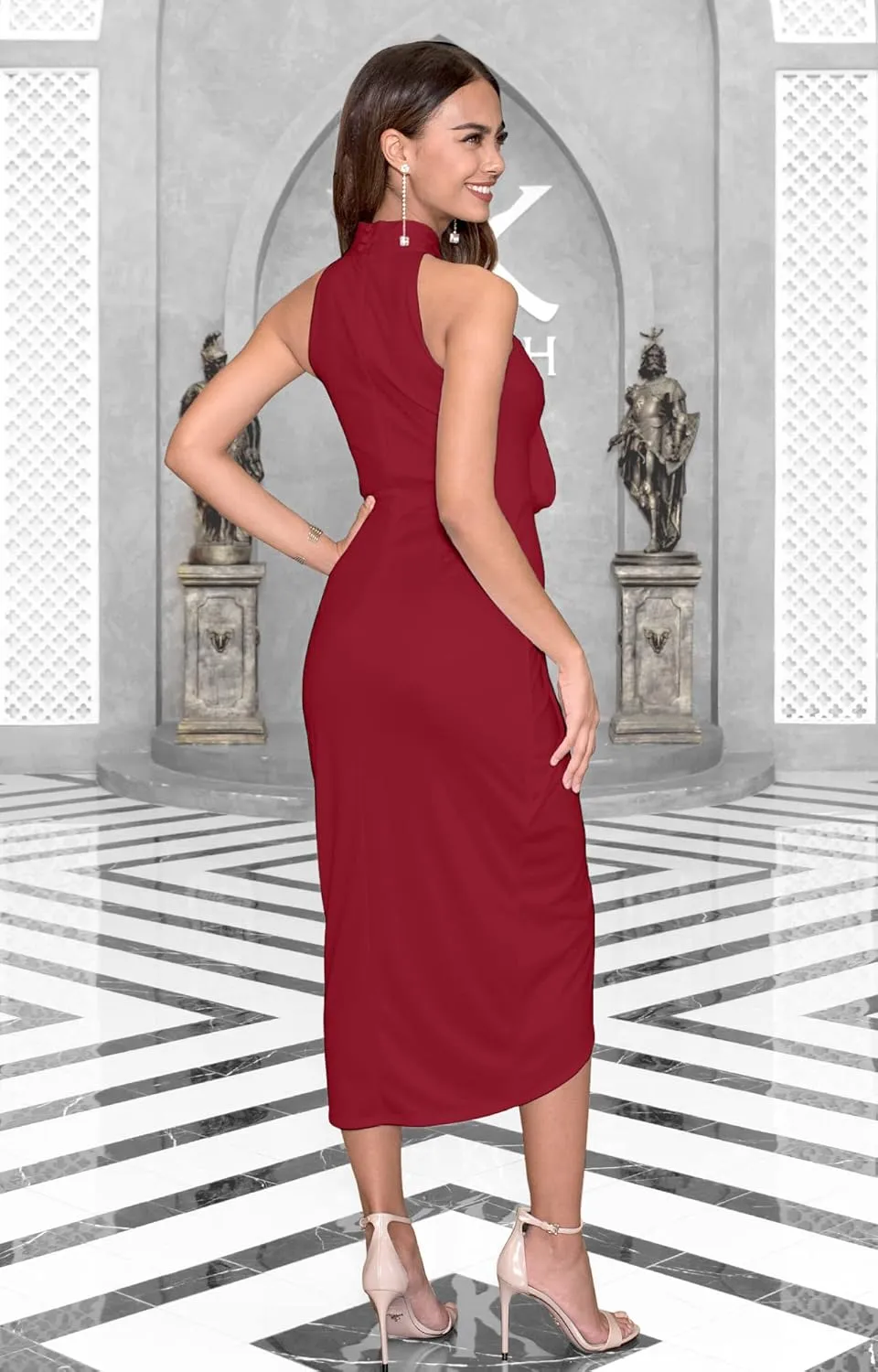 KOH KOH Womens Long Halter Neck Dressy Slit Bridesmaid Wedding Guest Midi Dress