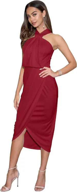 KOH KOH Womens Long Halter Neck Dressy Slit Bridesmaid Wedding Guest Midi Dress