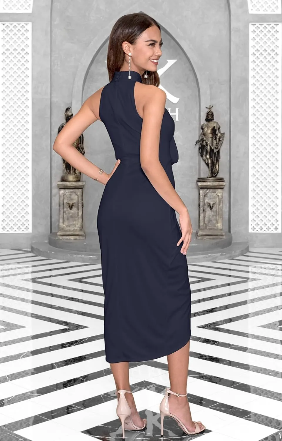 KOH KOH Womens Long Halter Neck Dressy Slit Bridesmaid Wedding Guest Midi Dress