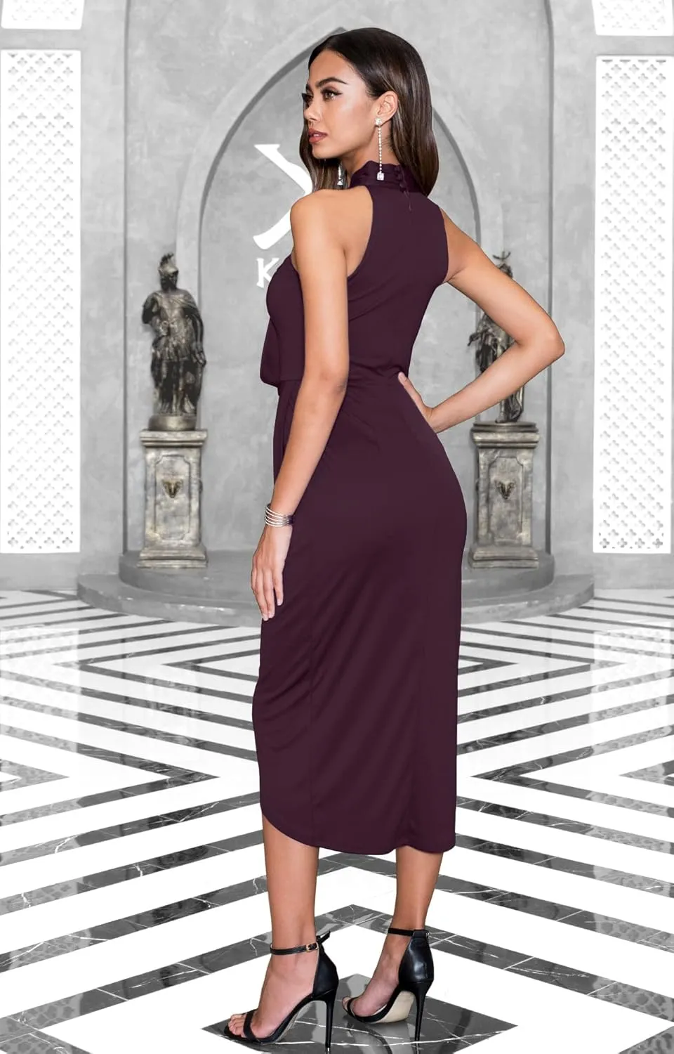 KOH KOH Womens Long Halter Neck Dressy Slit Bridesmaid Wedding Guest Midi Dress