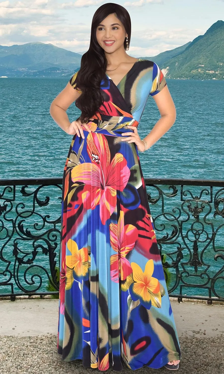 KOH KOH Womens Long Maxi Summer Floral Print Short Sleeve Flowy Modest Maxi Dress Gown
