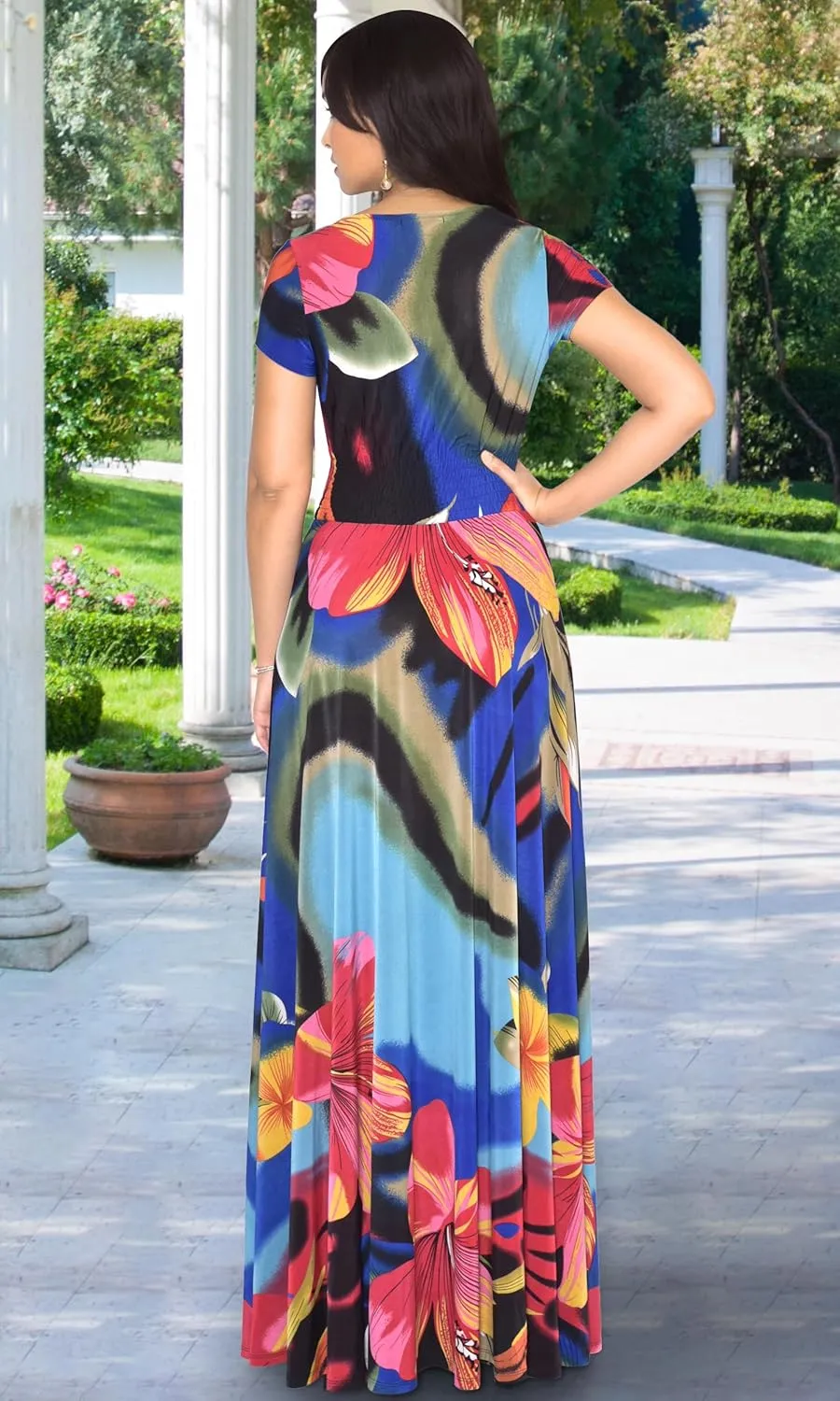 KOH KOH Womens Long Maxi Summer Floral Print Short Sleeve Flowy Modest Maxi Dress Gown