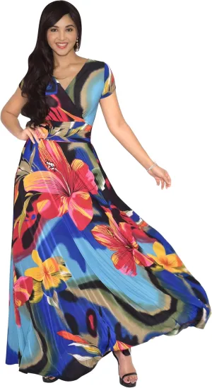 KOH KOH Womens Long Maxi Summer Floral Print Short Sleeve Flowy Modest Maxi Dress Gown