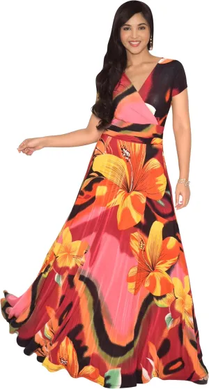 KOH KOH Womens Long Maxi Summer Floral Print Short Sleeve Flowy Modest Maxi Dress Gown