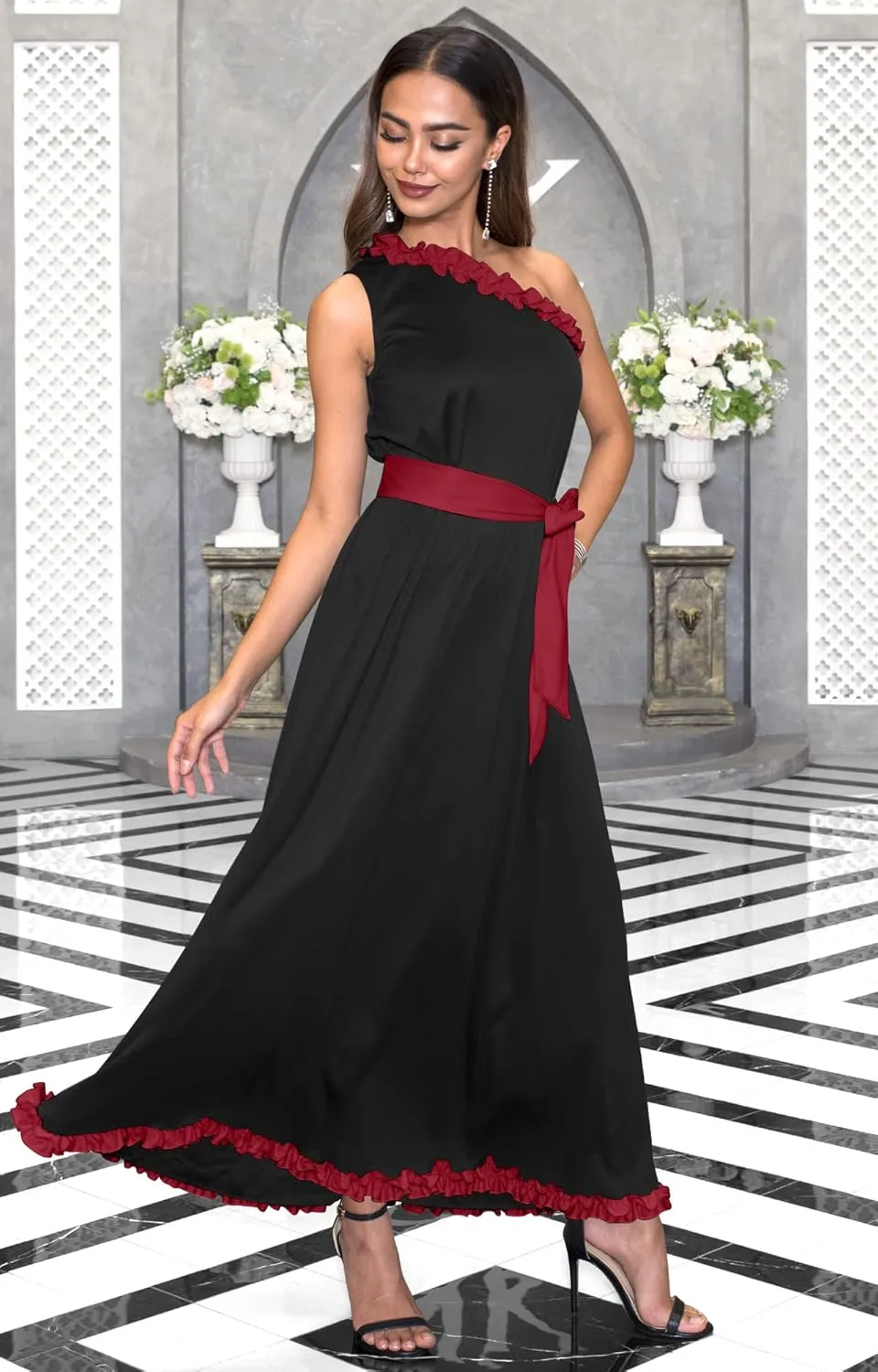 KOH KOH Womens Long One Shoulder Sleeveless Spring Summer Two Tone Maxi Dress