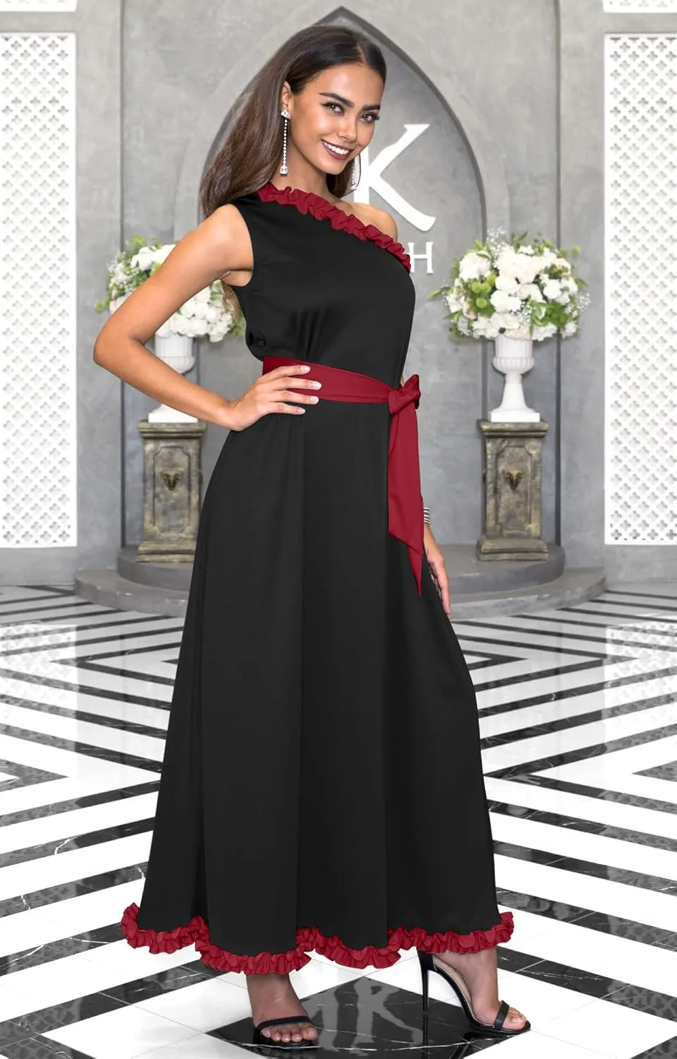 KOH KOH Womens Long One Shoulder Sleeveless Spring Summer Two Tone Maxi Dress