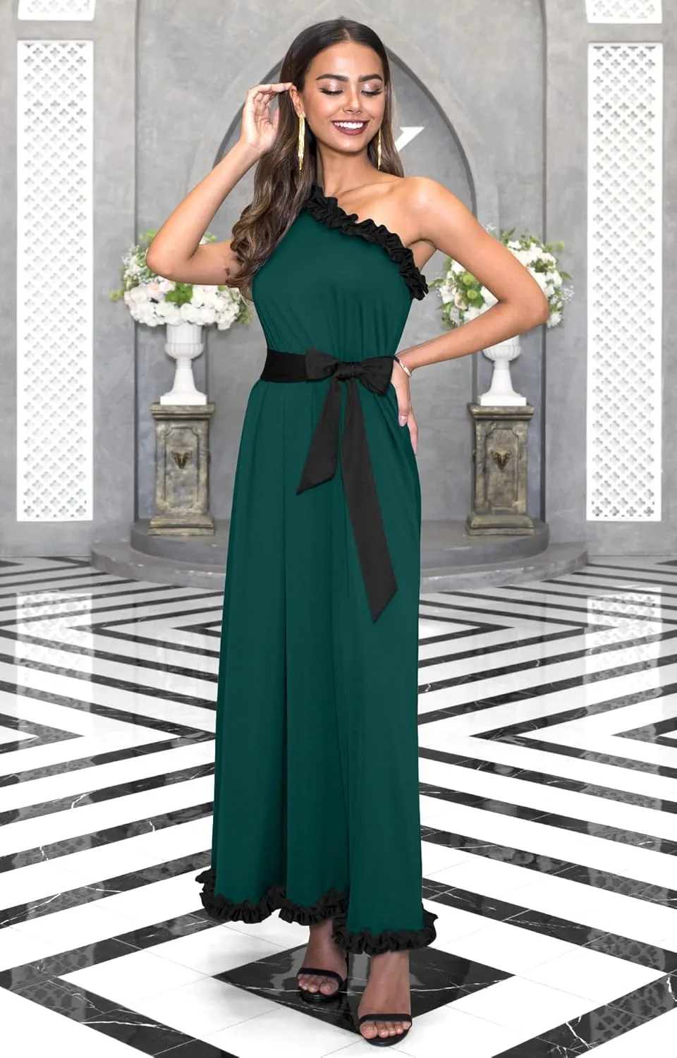 KOH KOH Womens Long One Shoulder Sleeveless Spring Summer Two Tone Maxi Dress