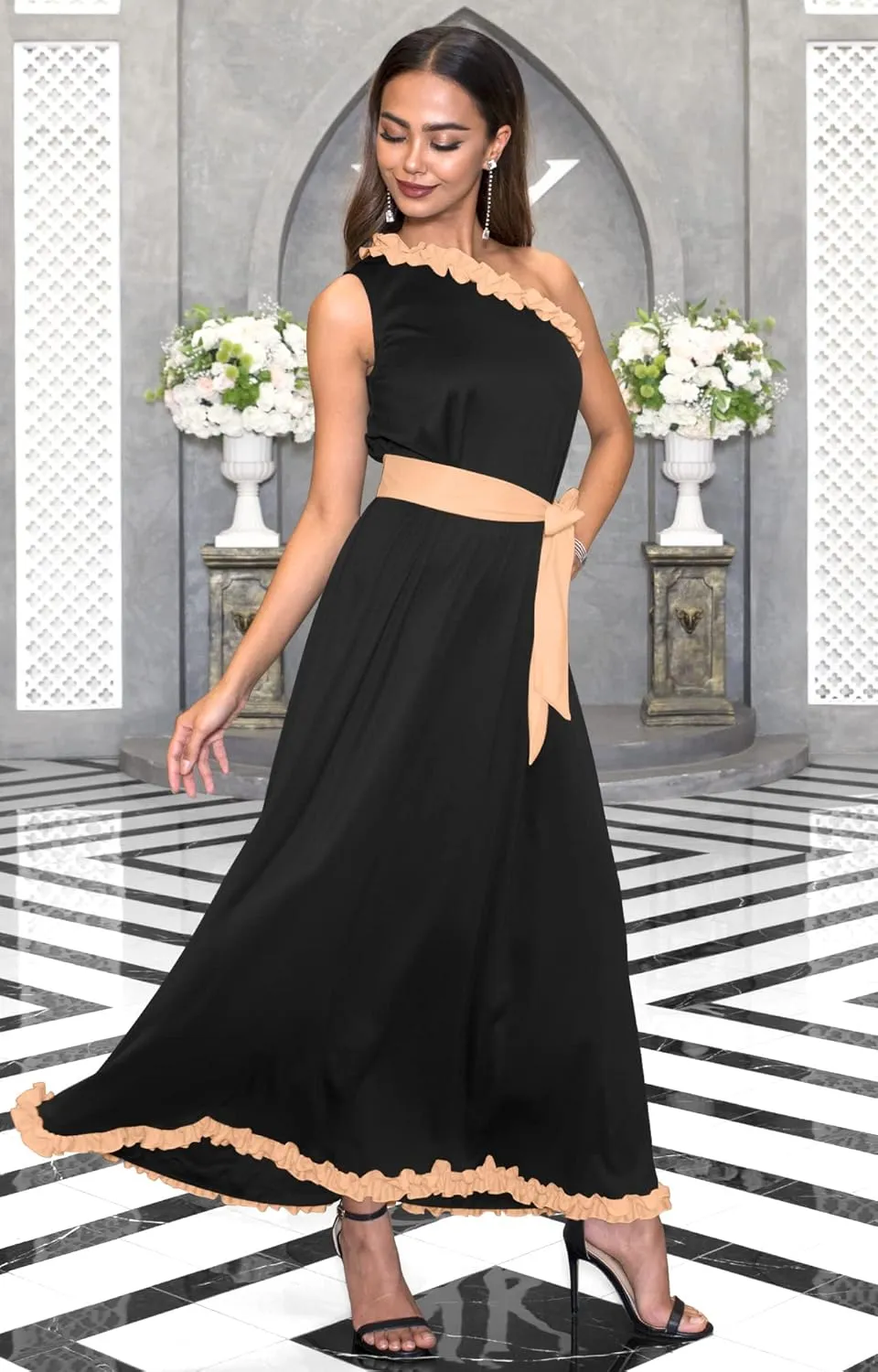 KOH KOH Womens Long One Shoulder Sleeveless Spring Summer Two Tone Maxi Dress