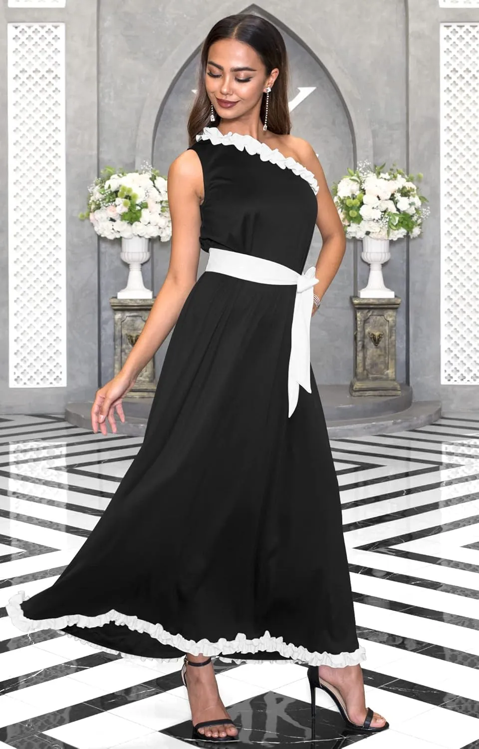 KOH KOH Womens Long One Shoulder Sleeveless Spring Summer Two Tone Maxi Dress