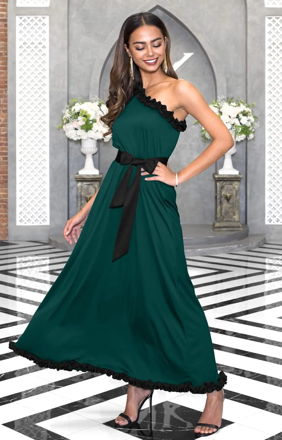 KOH KOH Womens Long One Shoulder Sleeveless Spring Summer Two Tone Maxi Dress