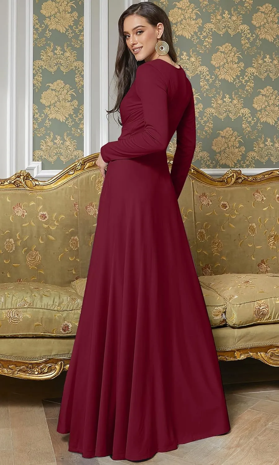 KOH KOH Womens Long Sleeve Flowy Empire Waist Fall Winter Party Gown