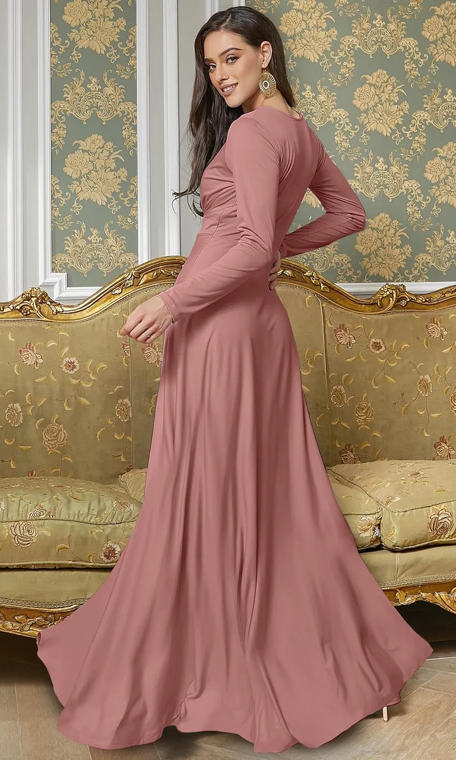 KOH KOH Womens Long Sleeve Flowy Empire Waist Fall Winter Party Gown