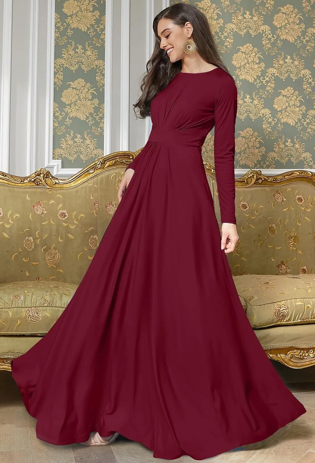 KOH KOH Womens Long Sleeve Flowy Empire Waist Fall Winter Party Gown