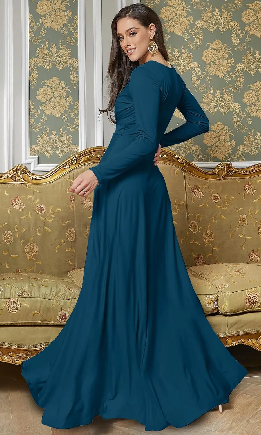 KOH KOH Womens Long Sleeve Soft Flowy Empire Waist Fall Winter Party Gown