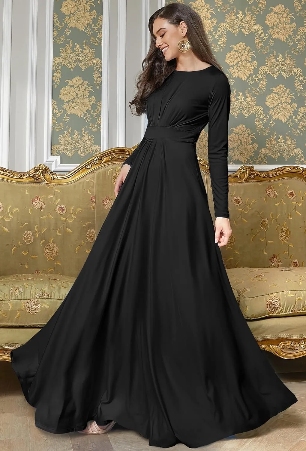 KOH KOH Womens Long Sleeve Soft Flowy Empire Waist Fall Winter Party Gown