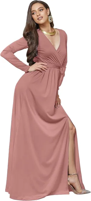 KOH KOH Womens Long Sleeve V-Neck High Slit Cocktail Evening Gown Maxi Dress