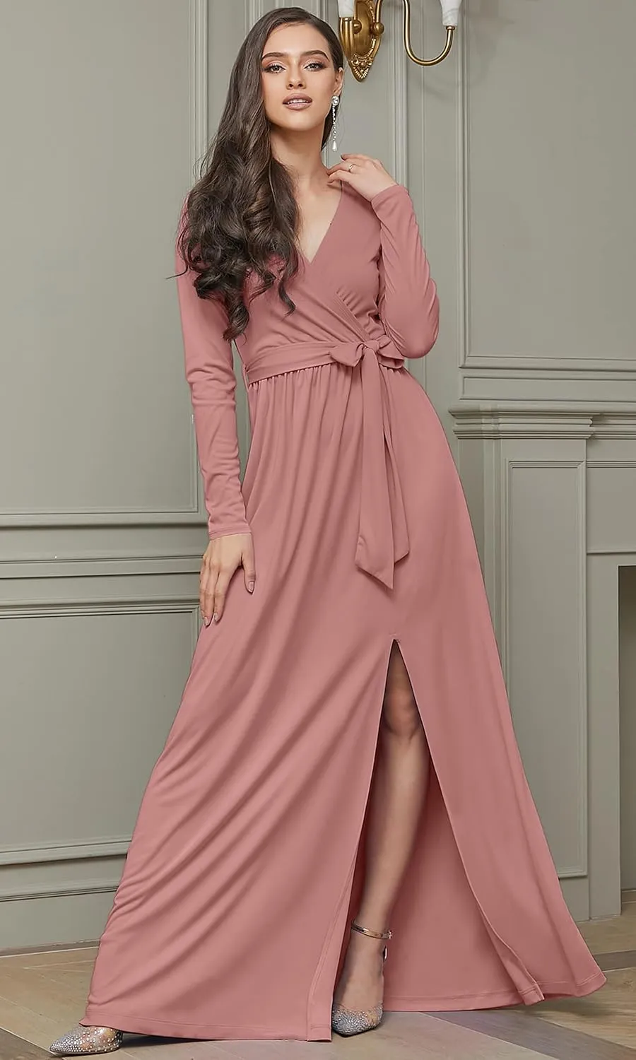KOH KOH Womens Long Sleeve V-Neck High Slit Cocktail Evening Gown Maxi Dress
