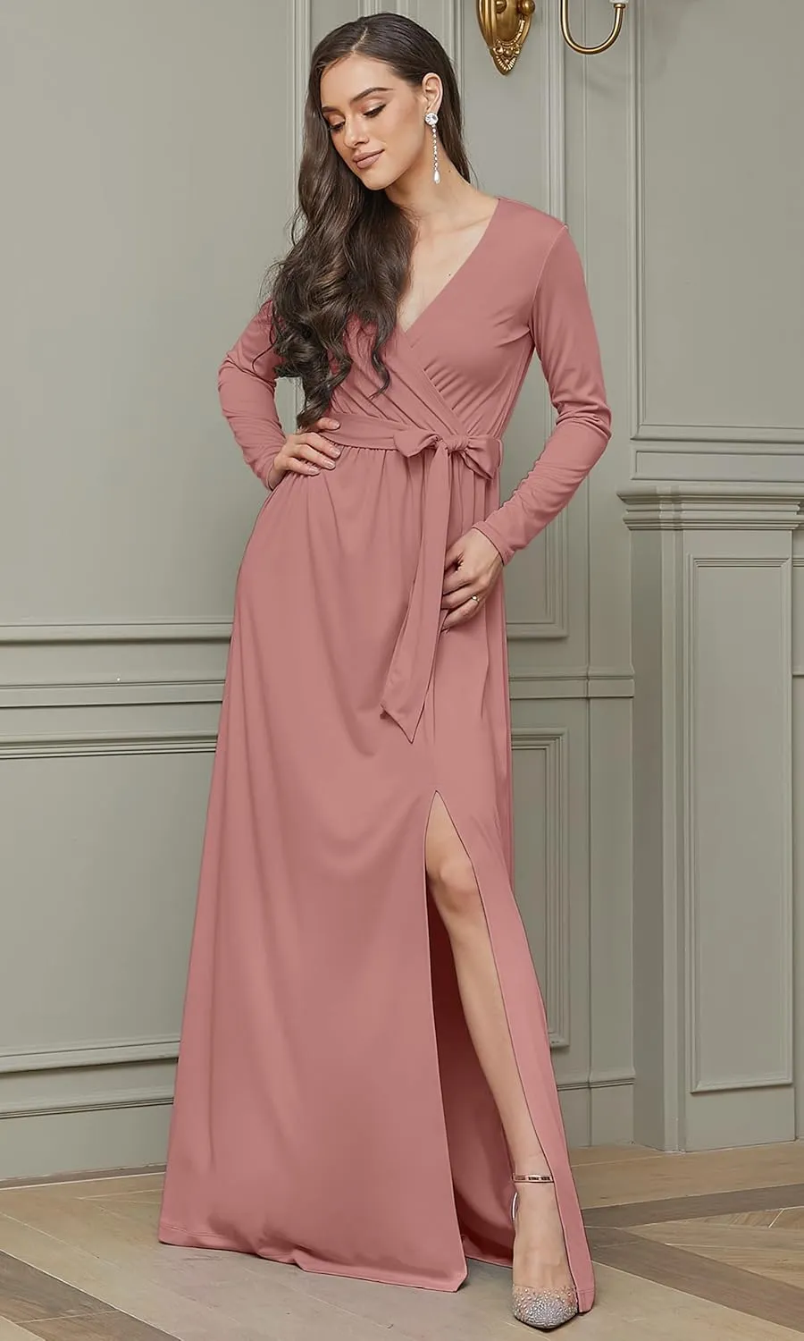 KOH KOH Womens Long Sleeve V-Neck High Slit Cocktail Evening Gown Maxi Dress