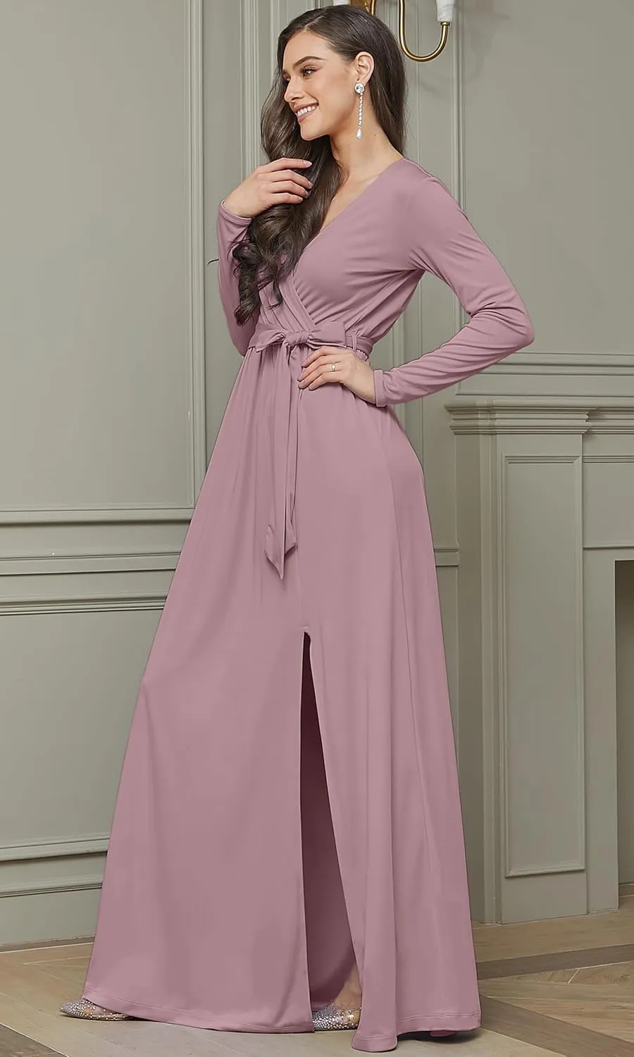 KOH KOH Womens Long Sleeve V-Neck High Slit Cocktail Evening Gown Maxi Dress