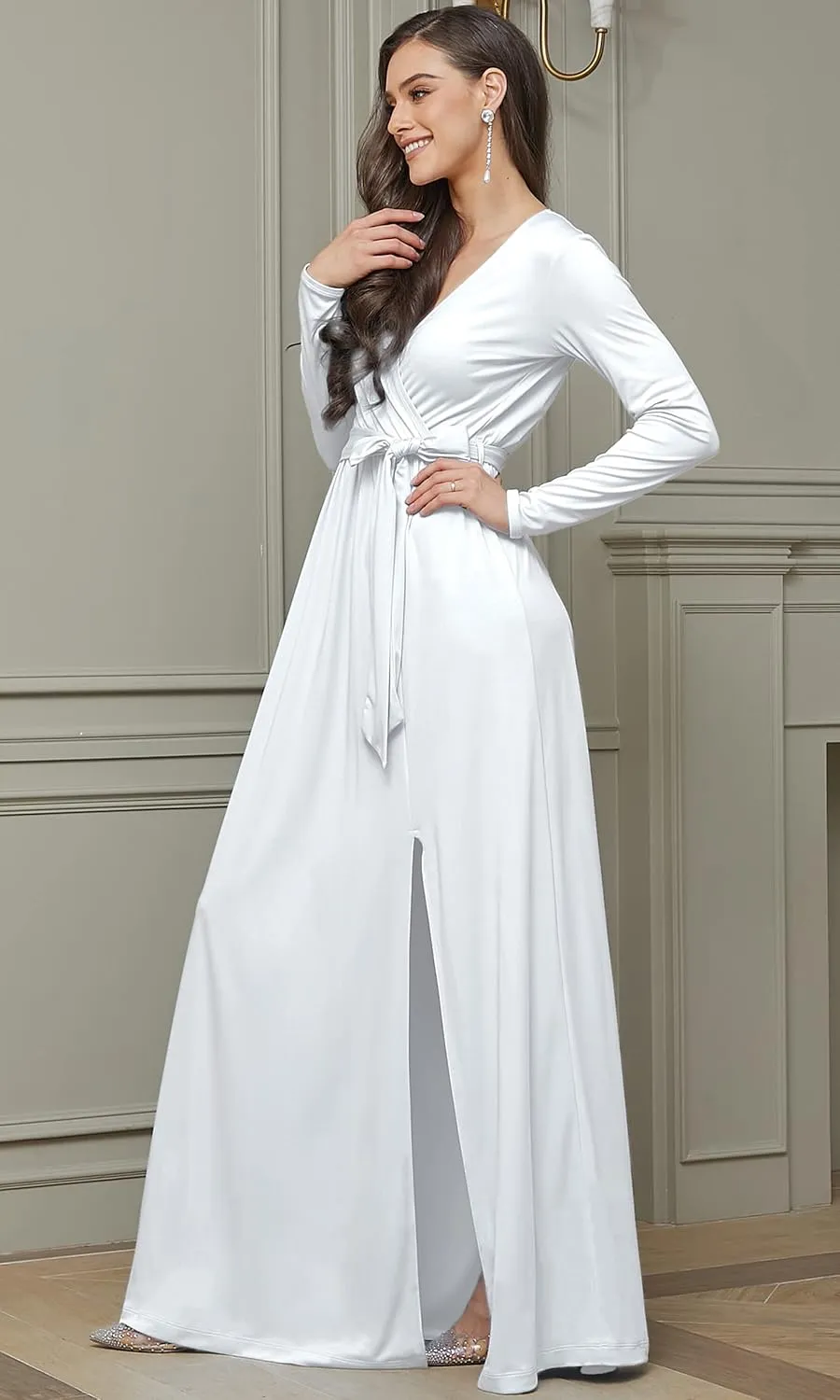 KOH KOH Womens Long Sleeve V-Neck High Slit Cocktail Evening Gown Maxi Dress