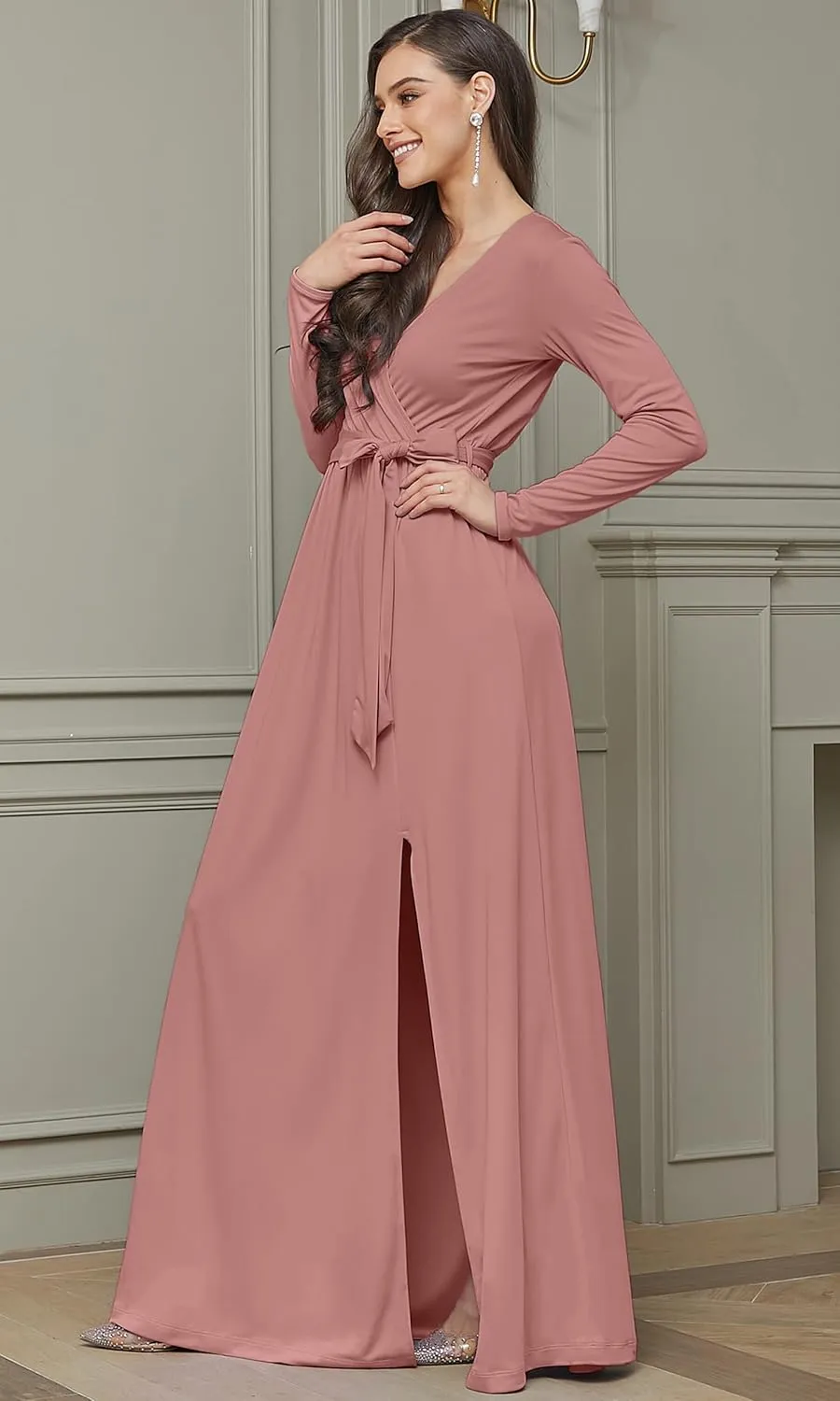 KOH KOH Womens Long Sleeve V-Neck High Slit Cocktail Evening Gown Maxi Dress