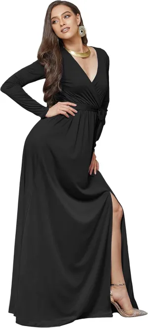 KOH KOH Womens Long Sleeve V-Neck High Slit Cocktail Evening Gown Maxi Dress