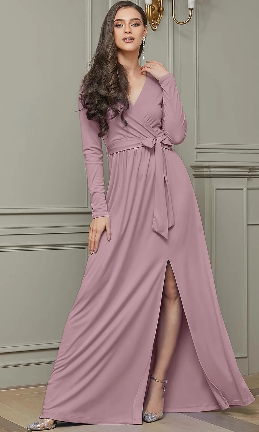 KOH KOH Womens Long Sleeve V-Neck High Slit Cocktail Evening Gown Maxi Dress