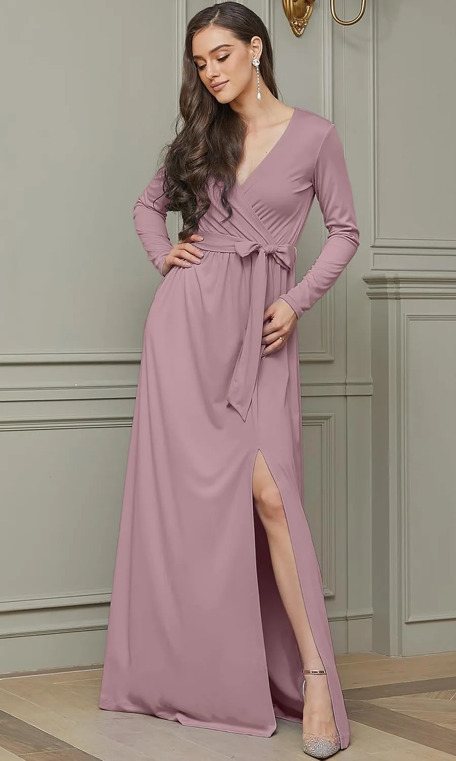 KOH KOH Womens Long Sleeve V-Neck High Slit Cocktail Evening Gown Maxi Dress