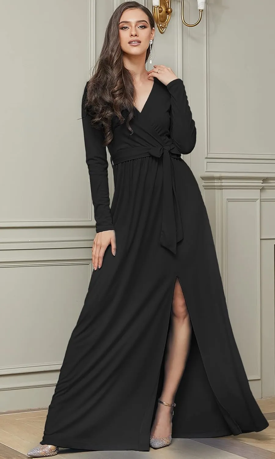 KOH KOH Womens Long Sleeve V-Neck High Slit Cocktail Evening Gown Maxi Dress