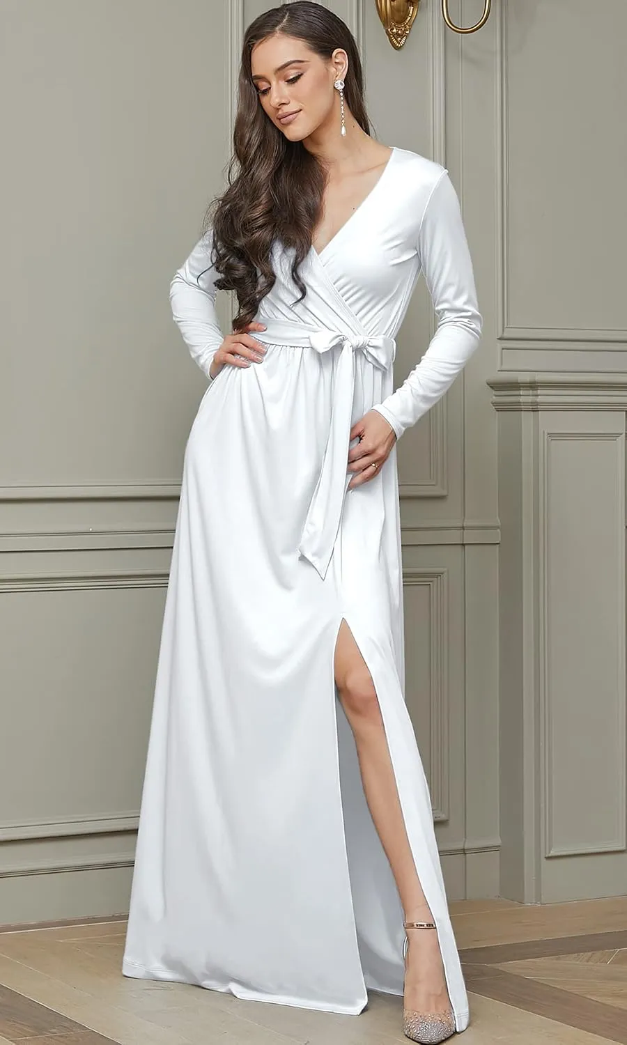 KOH KOH Womens Long Sleeve V-Neck High Slit Cocktail Evening Gown Maxi Dress