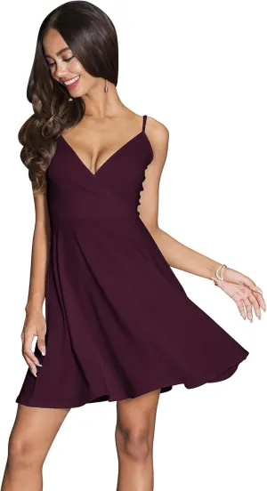 KOH KOH Womens Sexy Spaghetti Strap Deep V-Neck Backless Flare Mini Dress