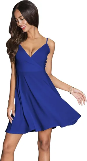 KOH KOH Womens Sexy Spaghetti Strap Deep V-Neck Backless Flare Mini Dress
