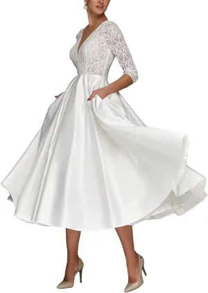 Lace Applique Short Wedding Dresses for Bride Tulle Cap Sleeve Tea Length Bridal Gowns for Women 2025 LOWD002