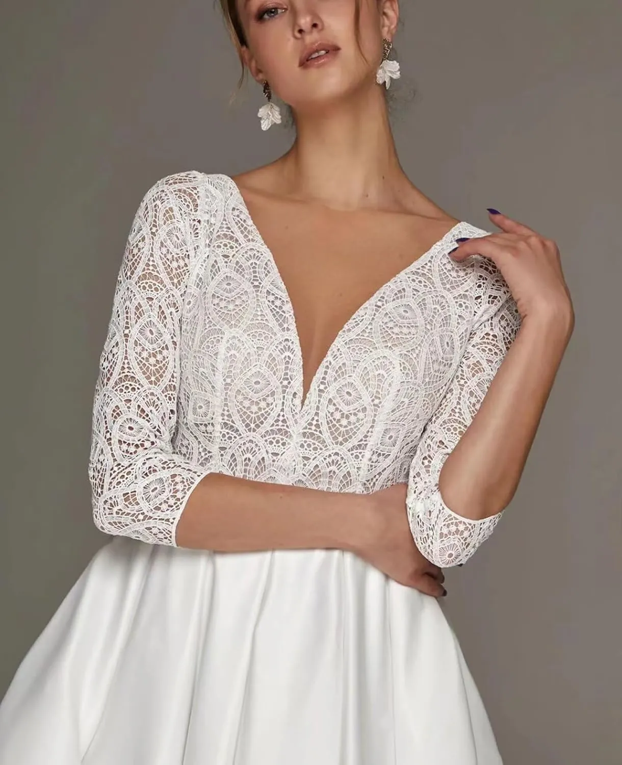 Lace Applique Short Wedding Dresses for Bride Tulle Cap Sleeve Tea Length Bridal Gowns for Women 2025 LOWD002
