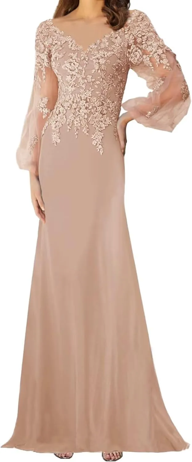 Lace Appliques Mother of The Bride Dress with Sleeves Chiffon Formal Evening Dresses for WomenWedding Reception Gowns