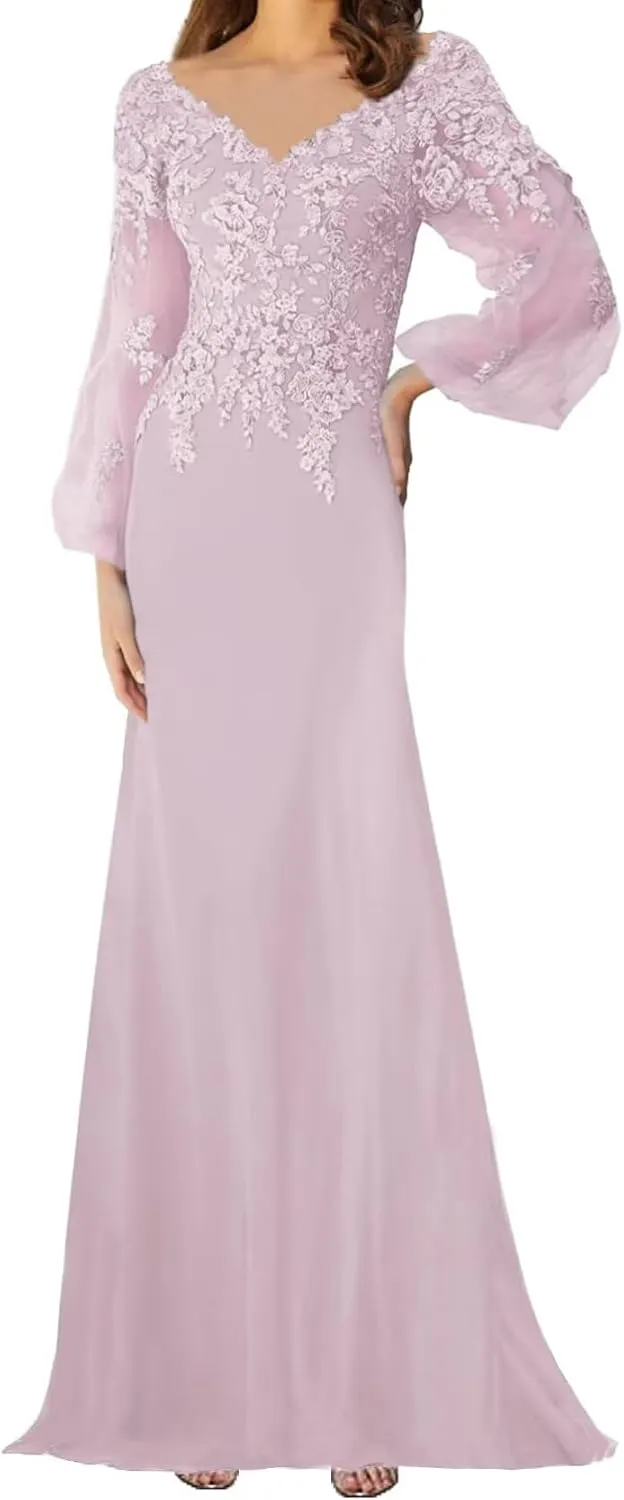 Lace Appliques Mother of The Bride Dress with Sleeves Chiffon Formal Evening Dresses for WomenWedding Reception Gowns