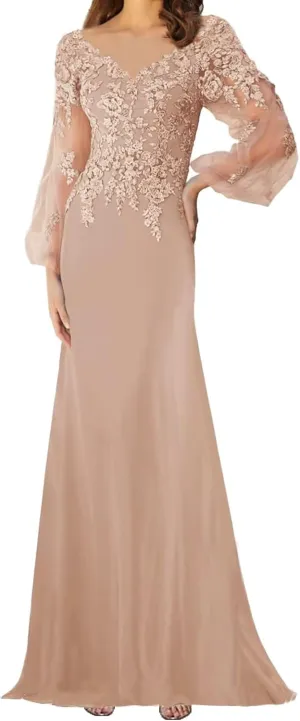 Lace Appliques Mother of The Bride Dress with Sleeves Chiffon Formal Evening Dresses for WomenWedding Reception Gowns