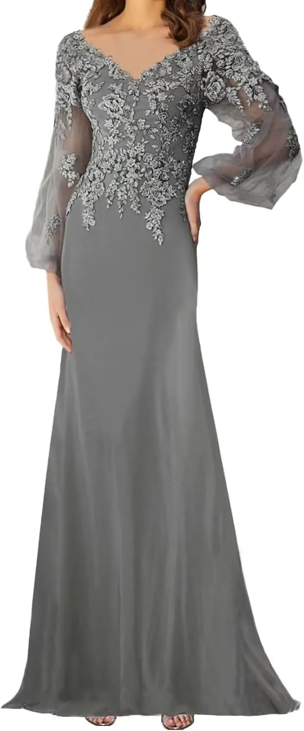 Lace Appliques Mother of The Bride Dress with Sleeves Chiffon Formal Evening Dresses for WomenWedding Reception Gowns