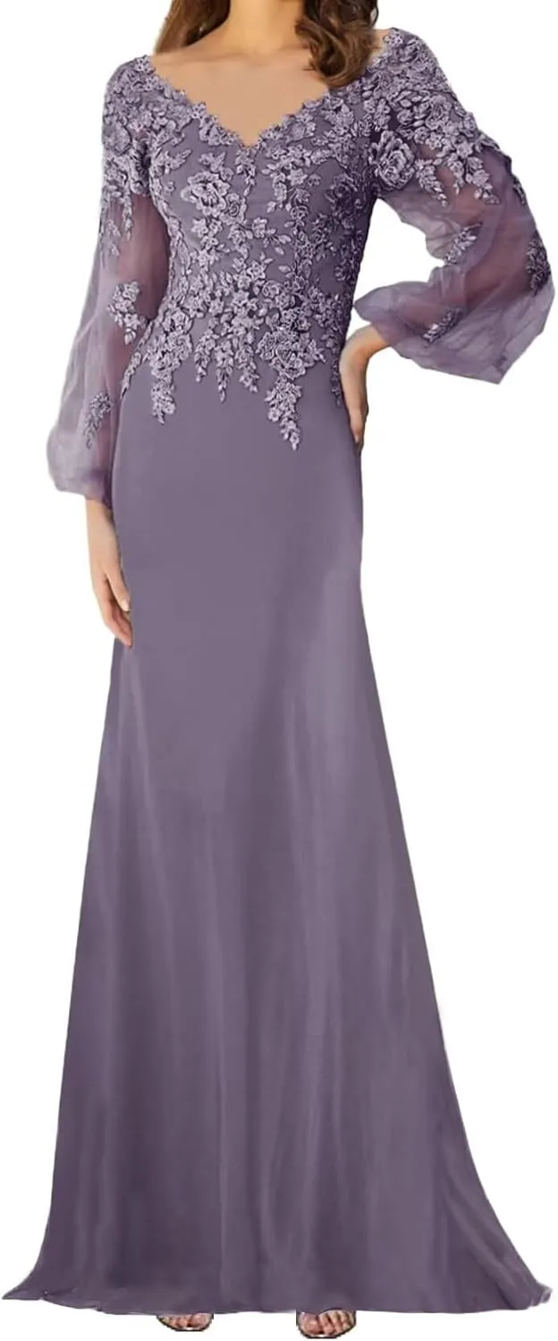 Lace Appliques Mother of The Bride Dress with Sleeves Chiffon Formal Evening Dresses for WomenWedding Reception Gowns