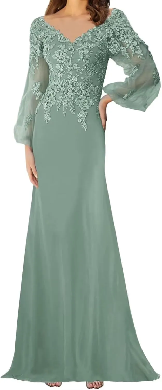 Lace Appliques Mother of The Bride Dress with Sleeves Chiffon Formal Evening Dresses for WomenWedding Reception Gowns